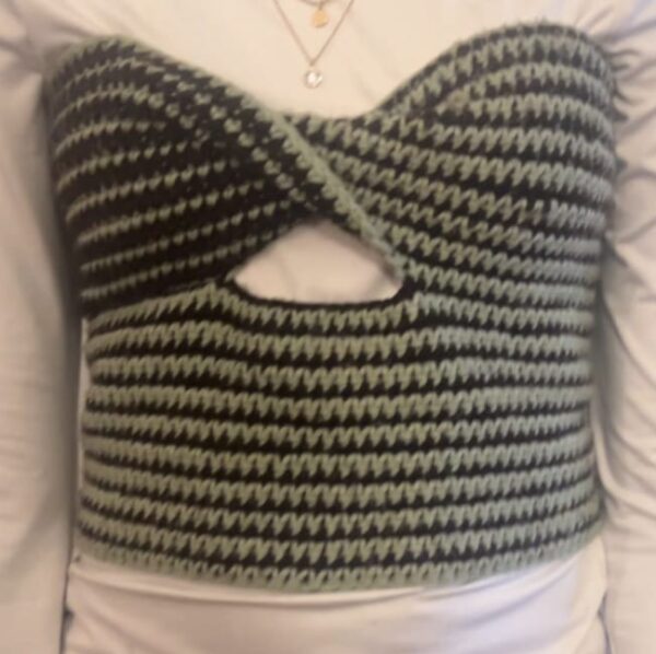 crochet brown and green asymmetrical top
